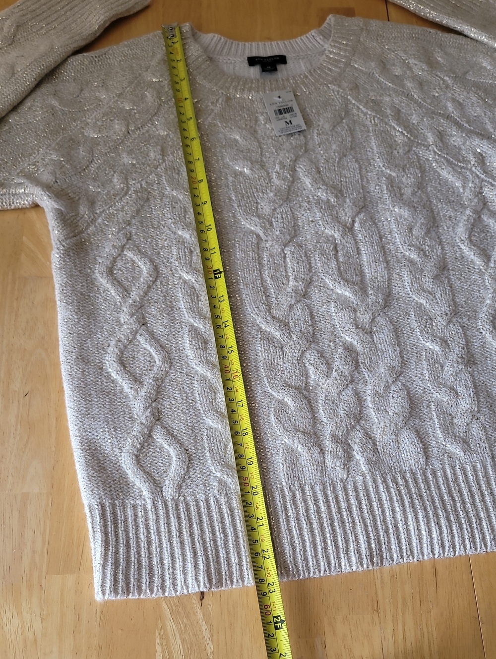 Ann Taylor LOFT Metallic Gold Wool Blend Cable Knit Crewneck Sweater - Picture 9 of 13